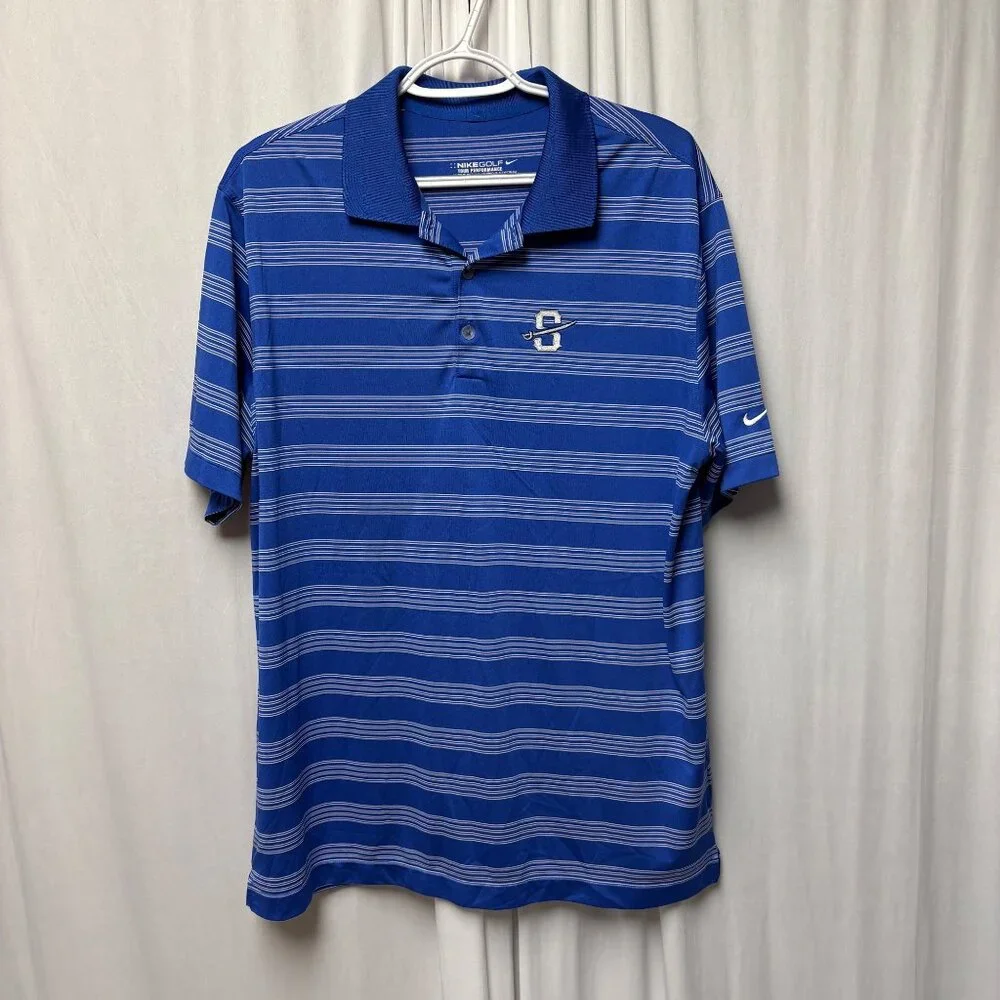Nike Golf Dri-Fit Blue Striped Polo Shirt Mens Size Large Embroidered Crest Logo